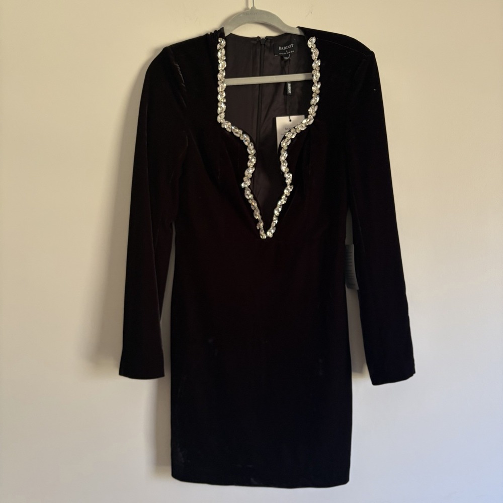 Bardot Audrina‎ Velvet Dress NWT Medium 6 Anthropologie Black Rhinestone Trim